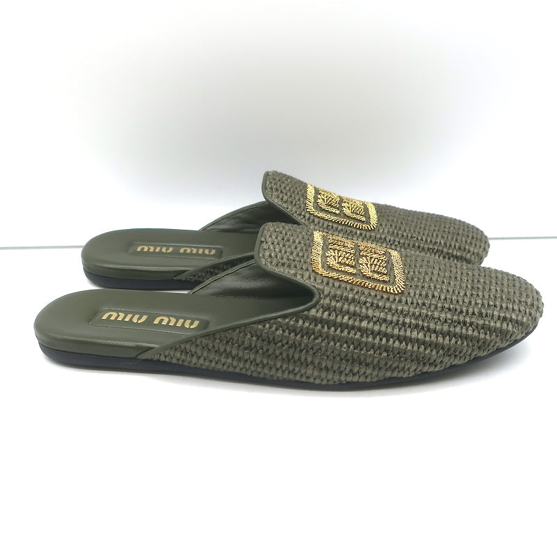 Miu Miu Raffia-Effect Logo Slippers Military Green Size 38.5 Flat Mules