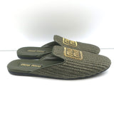 Miu Miu Raffia-Effect Logo Slippers Military Green Size 38.5 Flat Mules