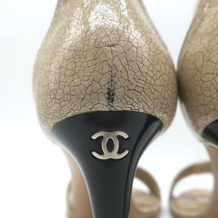 Vintage Chanel 05A Cracked Leather Ankle Strap Sandals Beige Size 38.5