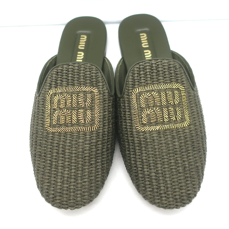 Miu Miu Raffia-Effect Logo Slippers Military Green Size 38.5 Flat Mules