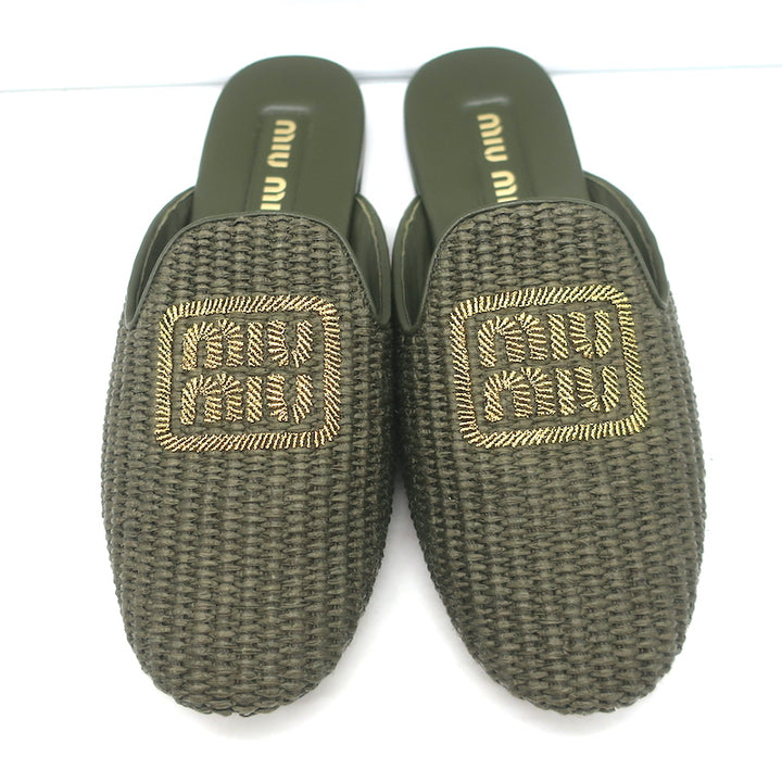 Miu Miu Raffia-Effect Logo Slippers Military Green Size 38.5 Flat Mules