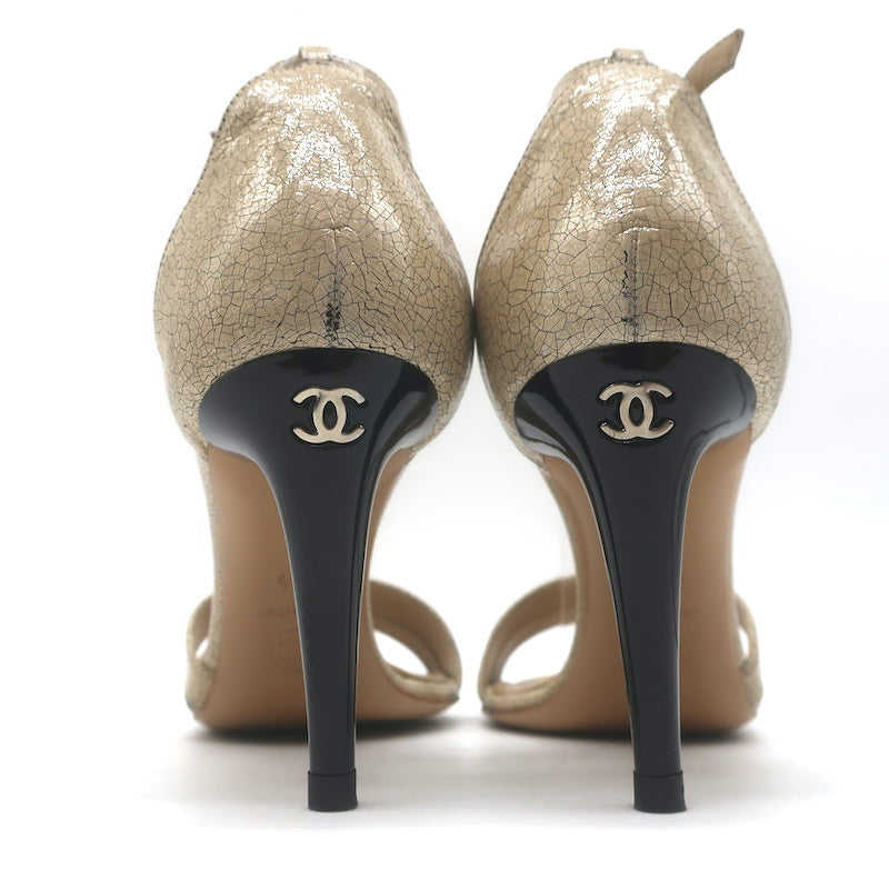 Vintage Chanel 05A Cracked Leather Ankle Strap Sandals Beige Size 38.5