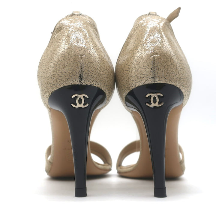 Vintage Chanel 05A Cracked Leather Ankle Strap Sandals Beige Size 38.5
