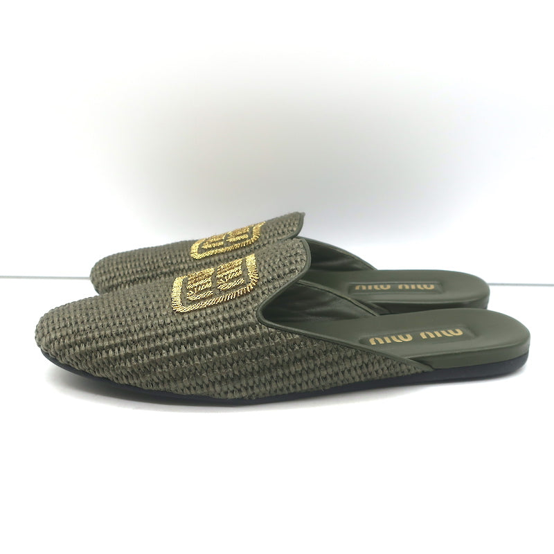 Miu Miu Raffia-Effect Logo Slippers Military Green Size 38.5 Flat Mules