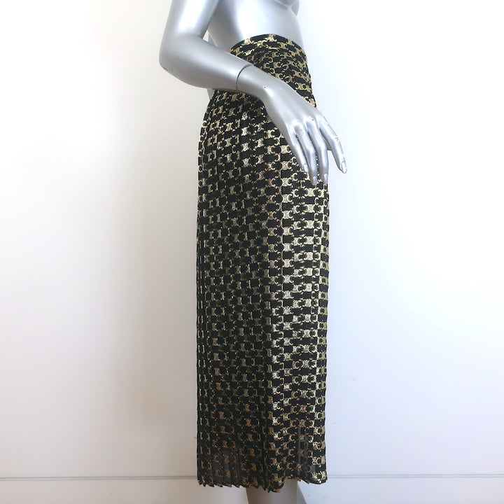 Celine Triomphe Metallic Jacquard Pleated Midi Skirt Black/Gold Size 36