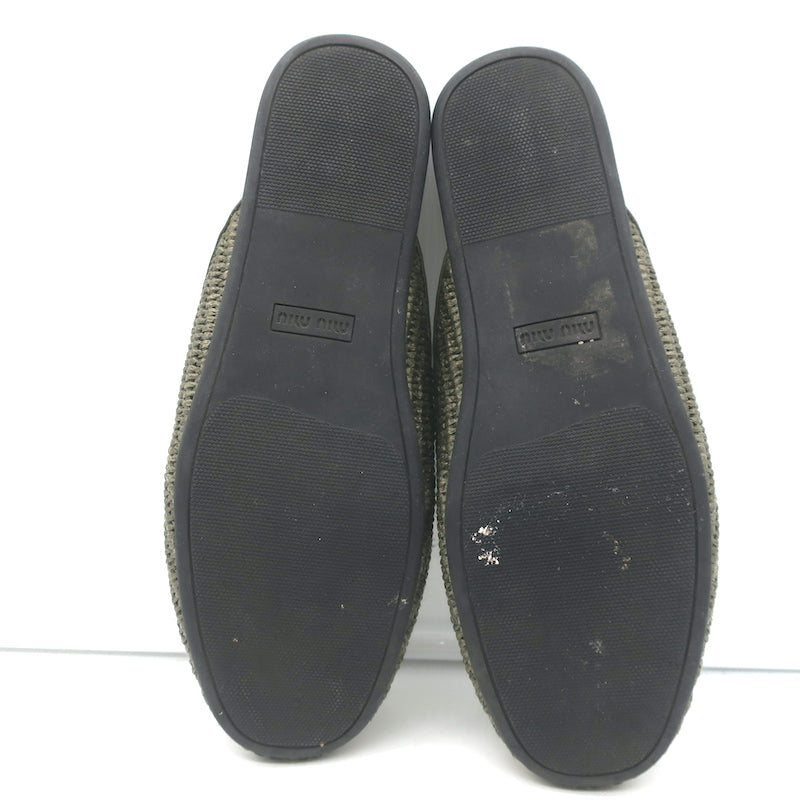 Miu Miu Raffia-Effect Logo Slippers Military Green Size 38.5 Flat Mules