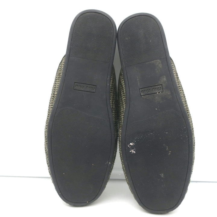 Miu Miu Raffia-Effect Logo Slippers Military Green Size 38.5 Flat Mules