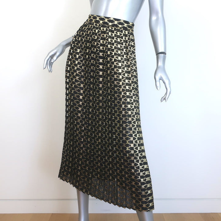 Celine Triomphe Metallic Jacquard Pleated Midi Skirt Black/Gold Size 36