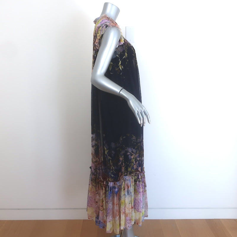 Zimmermann Sleeveless Shirred Maxi Dress Black Floral Print Chiffon Size 0