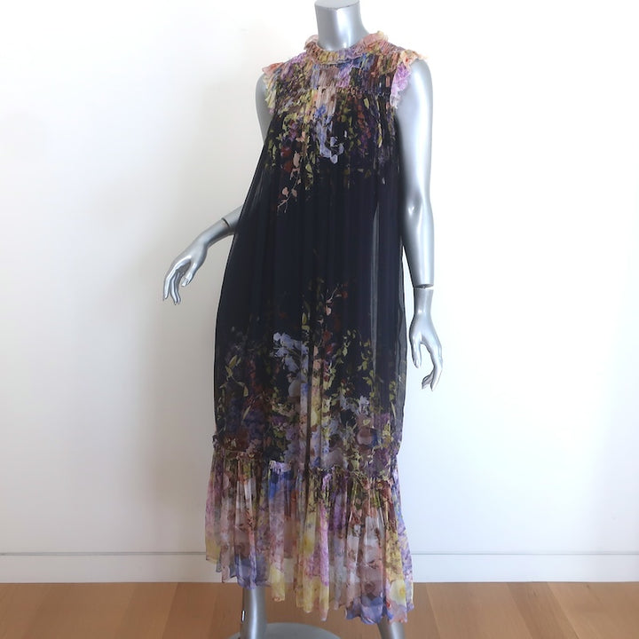 Zimmermann Sleeveless Shirred Maxi Dress Black Floral Print Chiffon Size 0