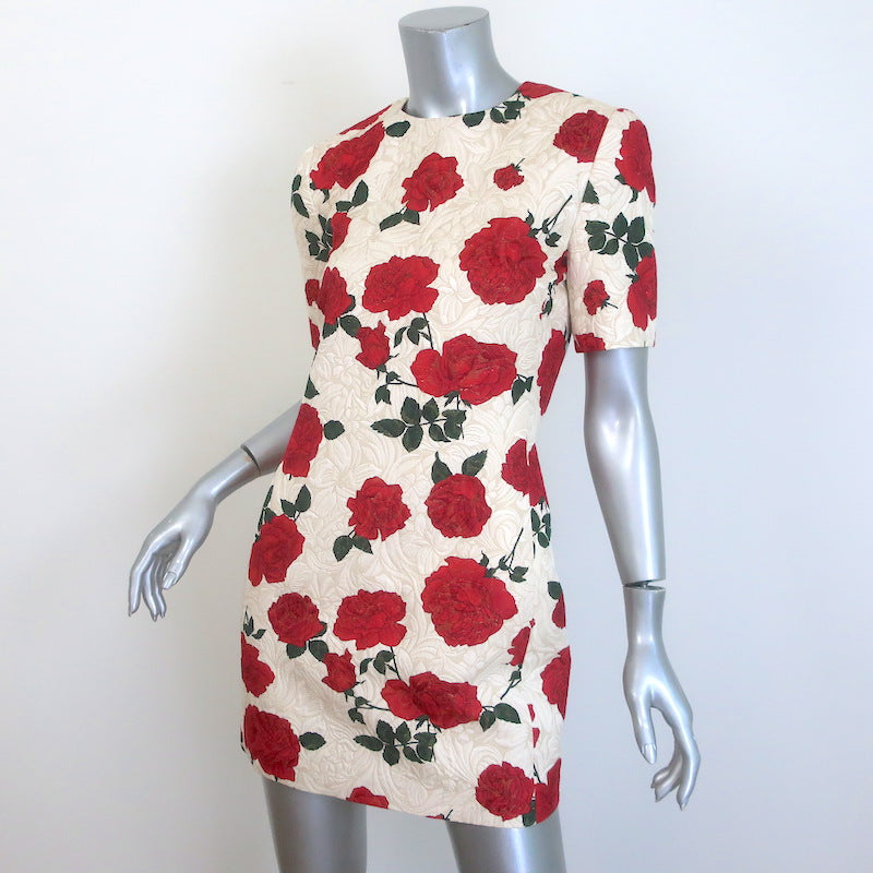 Saint Laurent Rose Print Jacquard Short Sleeve Mini Dress Ivory/Red Size 36