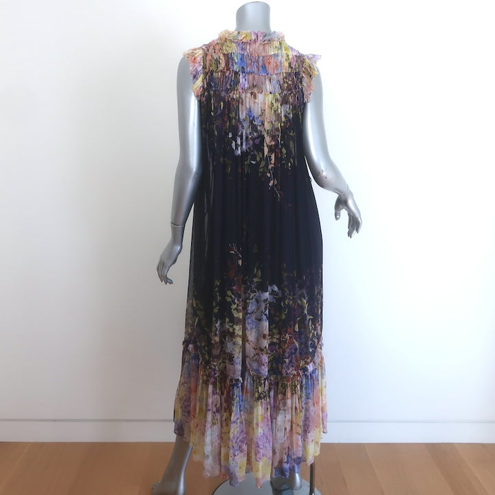 Zimmermann Sleeveless Shirred Maxi Dress Black Floral Print Chiffon Size 0