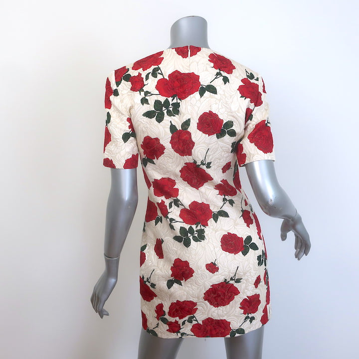 Saint Laurent Rose Print Jacquard Short Sleeve Mini Dress Ivory/Red Size 36