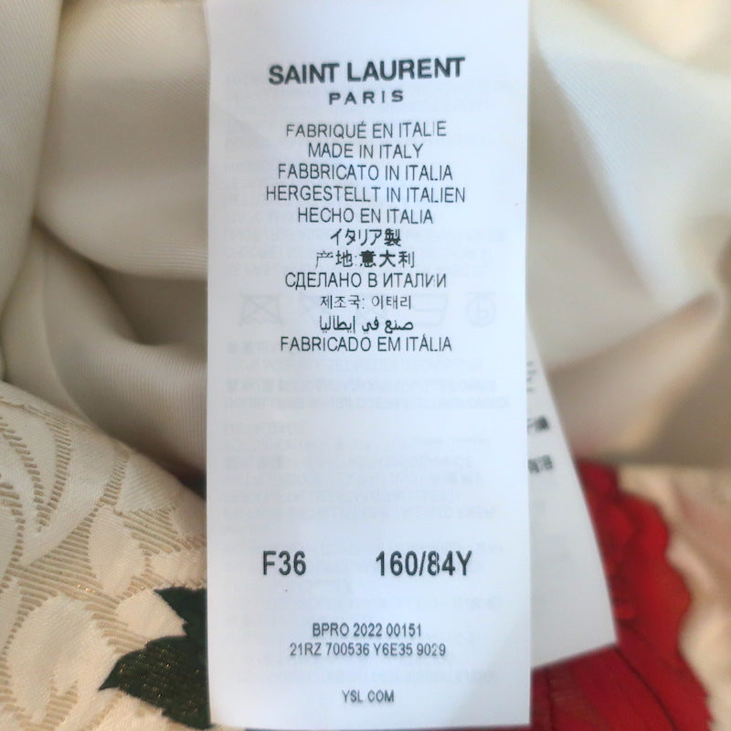 Saint Laurent Rose Print Jacquard Short Sleeve Mini Dress Ivory/Red Size 36
