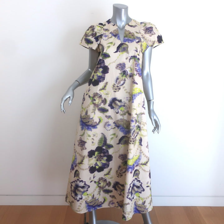 Psophia Puff Sleeve Belted Maxi Dress Ivory Floral Print Poplin Size Extra Small