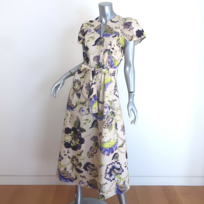 Psophia Puff Sleeve Belted Maxi Dress Ivory Floral Print Poplin Size Extra Small