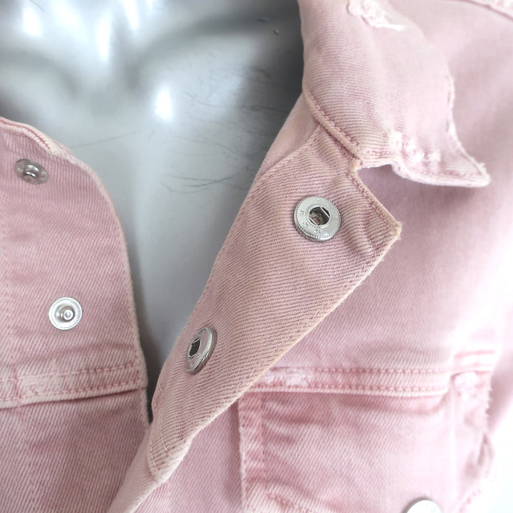 AMO Pop Destroyed Denim Jacket Blush Stretch Cotton Size Large