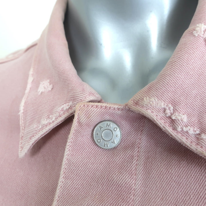 AMO Pop Destroyed Denim Jacket Blush Stretch Cotton Size Large