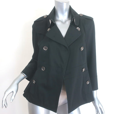 Burberry London double-breasted pleated black stretch-cotton jacket, size US 8, pre-owned luxury in excellent condition