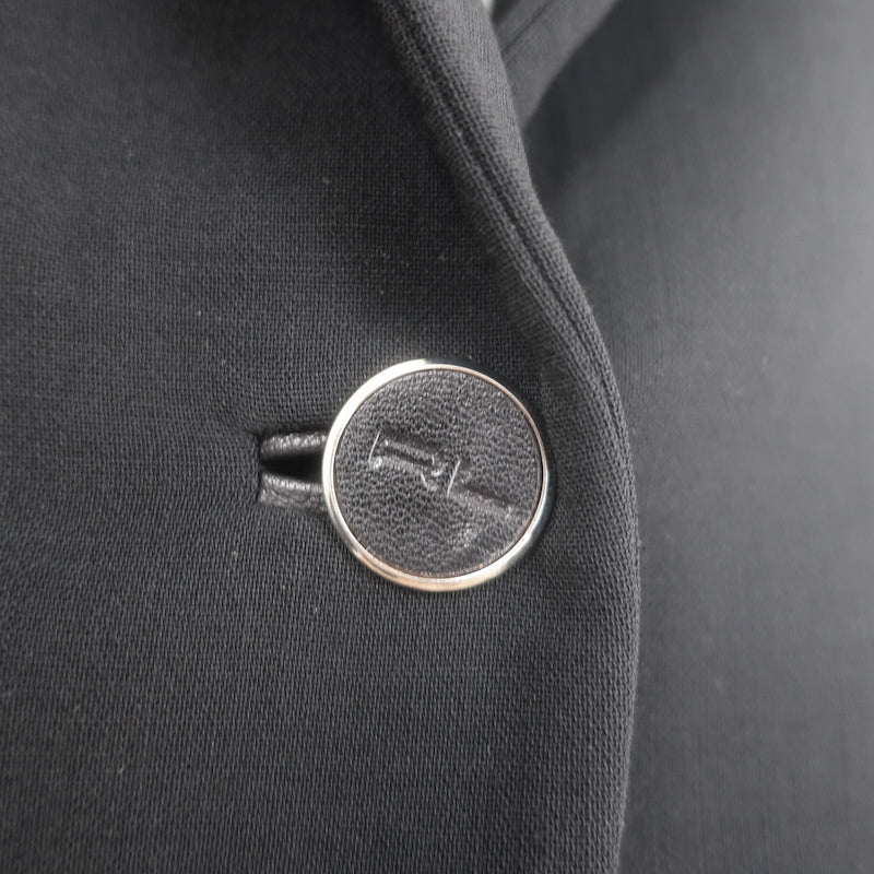 Authentic Ralph Lauren Black Label blazer in black stretch wool crepe with leather trim, size 6, gently pre-owned.