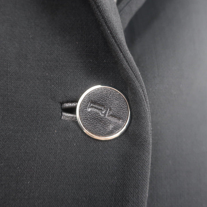 Authentic Ralph Lauren Black Label blazer in black stretch wool crepe with leather trim, size 6, gently pre-owned.