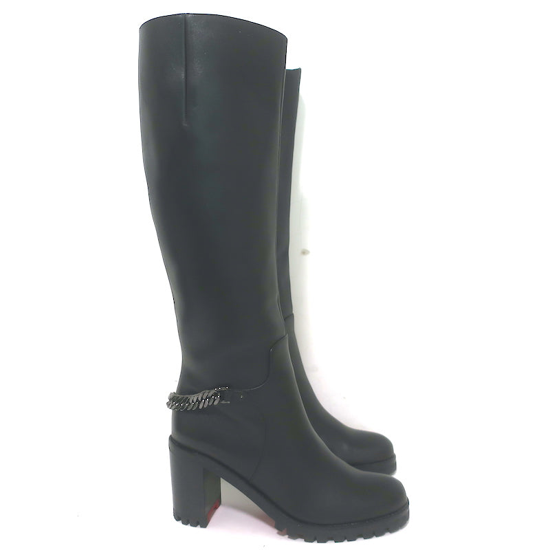 Christian Louboutin Napoleo 70 Knee High Chain Boots Black Leather Size 35