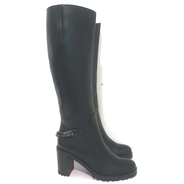 Christian Louboutin Napoleo 70 Knee High Chain Boots Black Leather Size 35