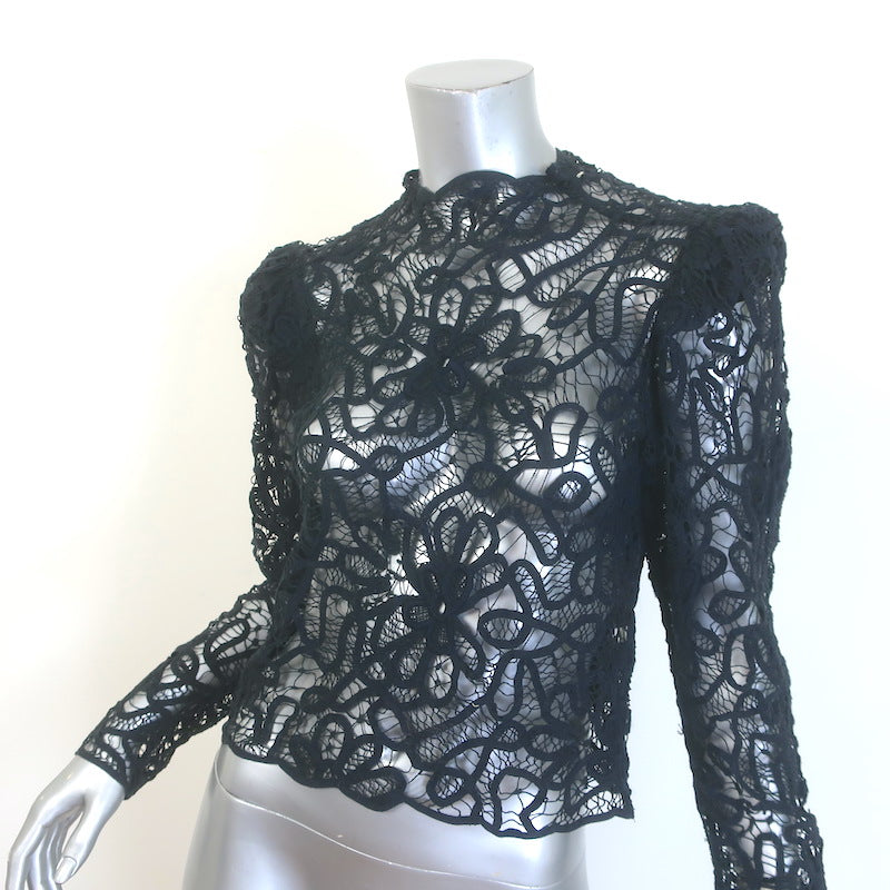 Isabel Marant Neline Guipure Lace Puff Sleeve Blouse Black Cotton Size 34, NEW