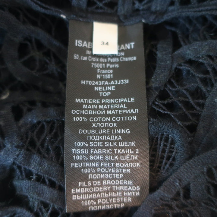 Isabel Marant Neline Guipure Lace Puff Sleeve Blouse Black Cotton Size 34, NEW