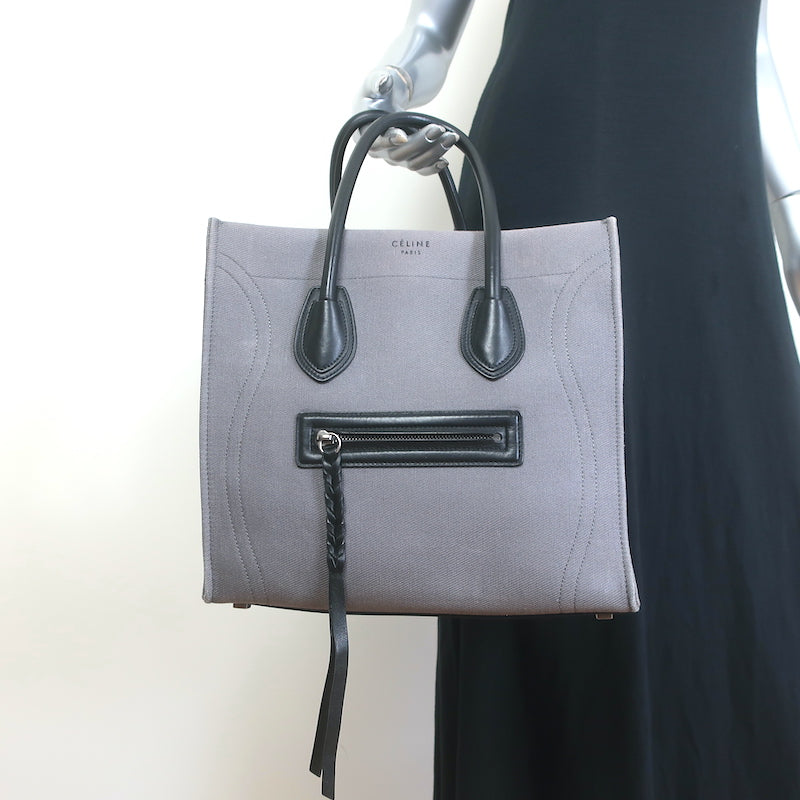 Celine Medium Phantom Luggage Tote Gray Cotton Canvas &amp; Black Leather