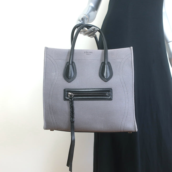 Celine Medium Phantom Luggage Tote Gray Cotton Canvas &amp; Black Leather