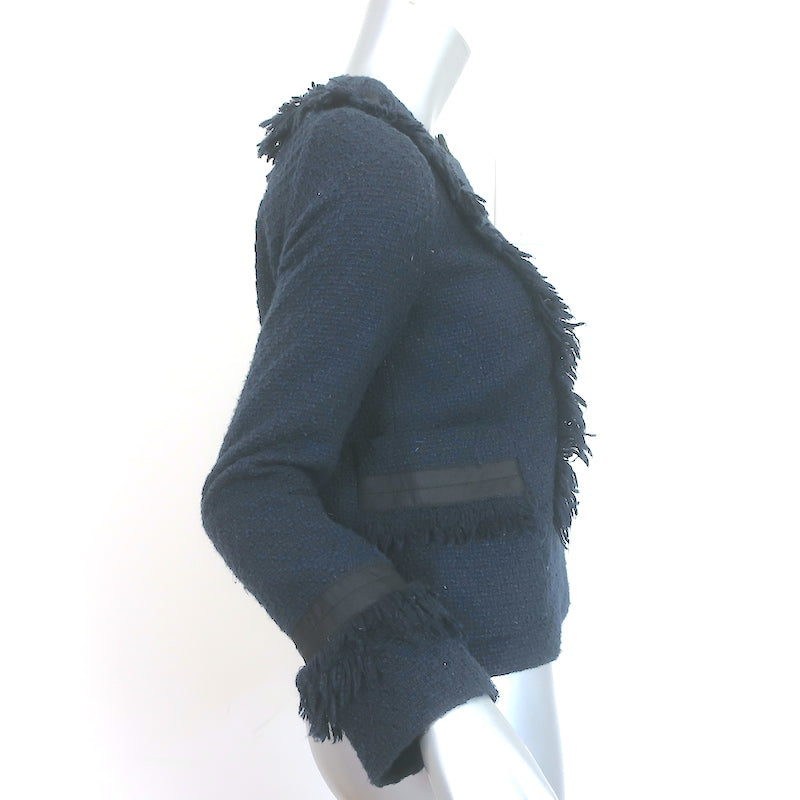 Tory Burch Fringed Tweed Jacket Navy Cotton-Blend Size 2