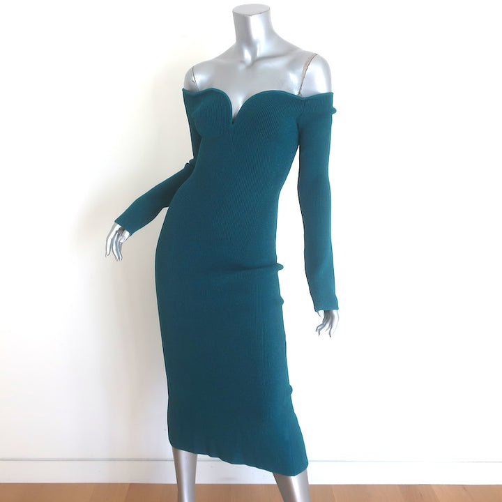 GALVAN Grace Off the Shoulder Midi Dress Peacock Stretch Knit Size Small NEW