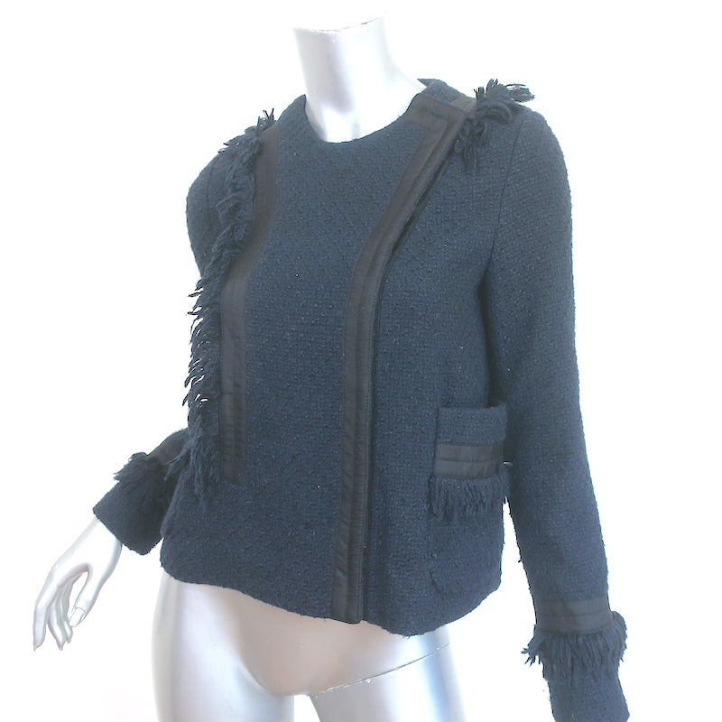 Tory Burch Fringed Tweed Jacket Navy Cotton-Blend Size 2