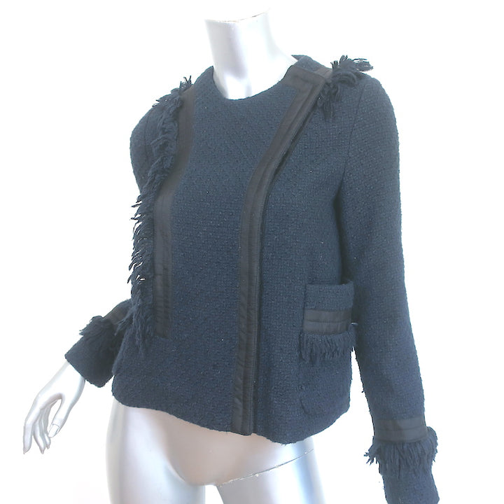 Tory Burch Fringed Tweed Jacket Navy Cotton-Blend Size 2