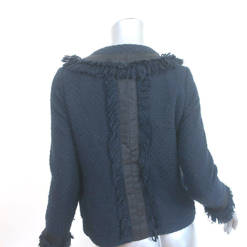 Tory Burch Fringed Tweed Jacket Navy Cotton-Blend Size 2