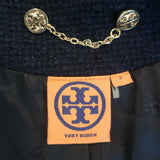 Tory Burch Fringed Tweed Jacket Navy Cotton-Blend Size 2