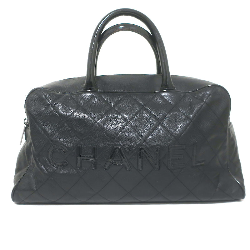 Chanel 2000 Large Logo Bowler Bag Black Quilted Caviar Leather &amp; Patent