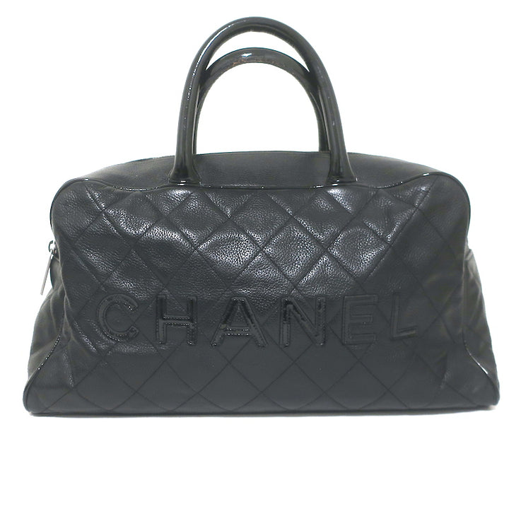 Chanel 2000 Large Logo Bowler Bag Black Quilted Caviar Leather &amp; Patent