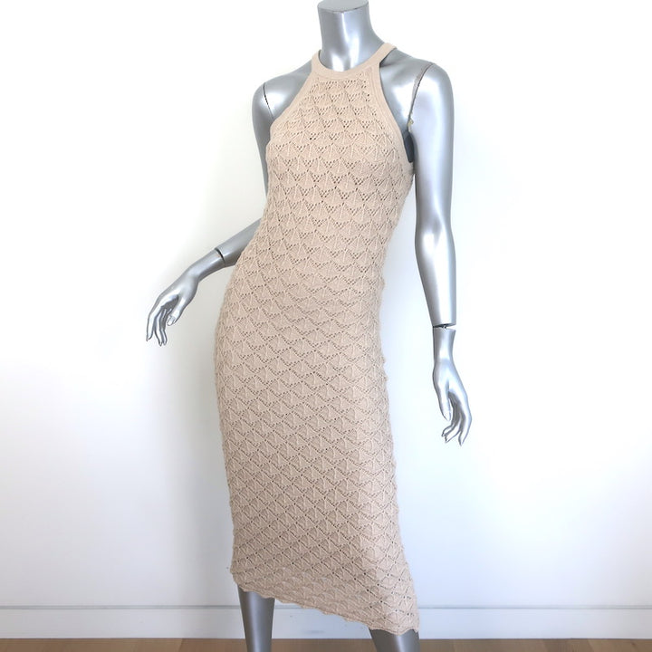 Alice + Olivia Lulu Crochet Knit Halter Midi Dress Beige Cotton-Blend Size Small