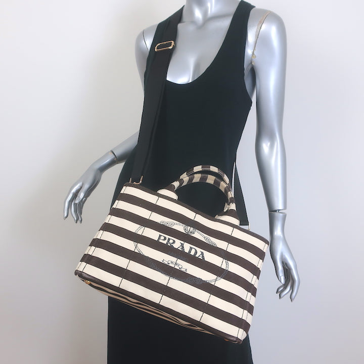 Prada Striped Canapa Canvas Medium Tote Ivory &amp; Dark Brown Crossbody Bag