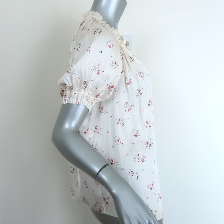 Ulla Johnson Puff Sleeve Top Cream Floral Print Satin Size 8 Tie-Neck Blouse