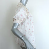 Ulla Johnson Puff Sleeve Top Cream Floral Print Satin Size 8 Tie-Neck Blouse