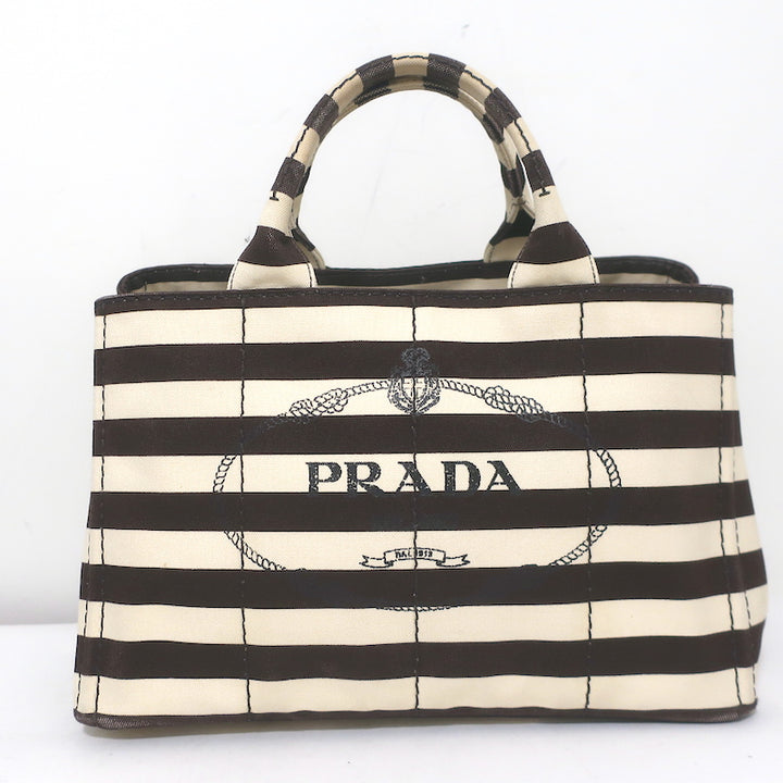 Prada Striped Canapa Canvas Medium Tote Ivory &amp; Dark Brown Crossbody Bag