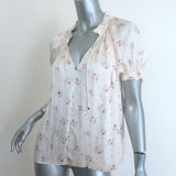 Ulla Johnson Puff Sleeve Top Cream Floral Print Satin Size 8 Tie-Neck Blouse
