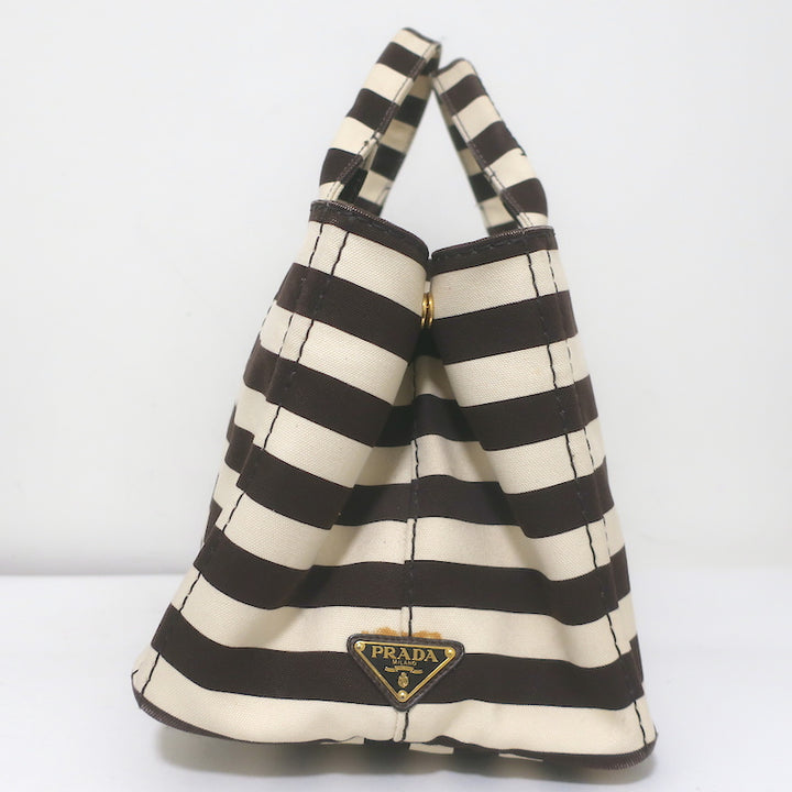 Prada Striped Canapa Canvas Medium Tote Ivory &amp; Dark Brown Crossbody Bag
