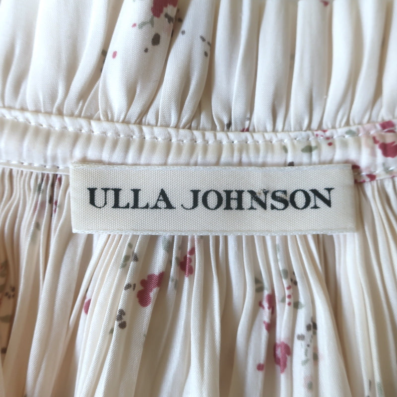 Ulla Johnson Puff Sleeve Top Cream Floral Print Satin Size 8 Tie-Neck Blouse