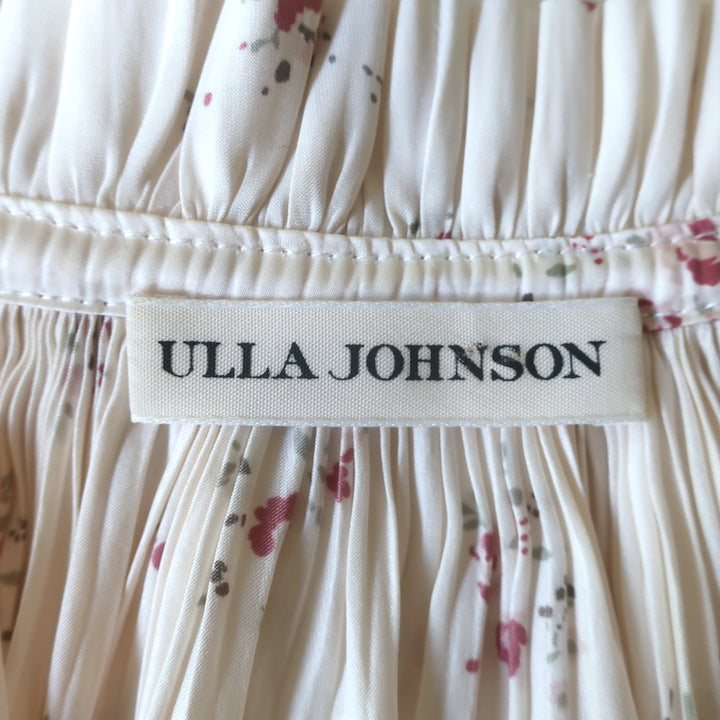 Ulla Johnson Puff Sleeve Top Cream Floral Print Satin Size 8 Tie-Neck Blouse