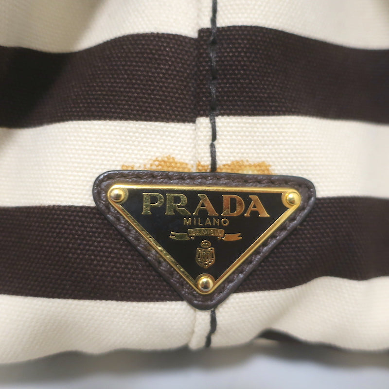 Prada Striped Canapa Canvas Medium Tote Ivory &amp; Dark Brown Crossbody Bag