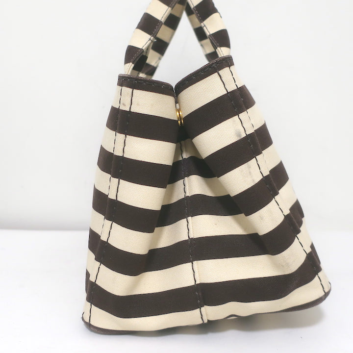 Prada Striped Canapa Canvas Medium Tote Ivory &amp; Dark Brown Crossbody Bag